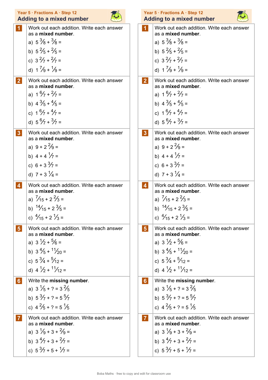 First page of the not scaffolded Adding to a mixed number sheet, printed twice side by side