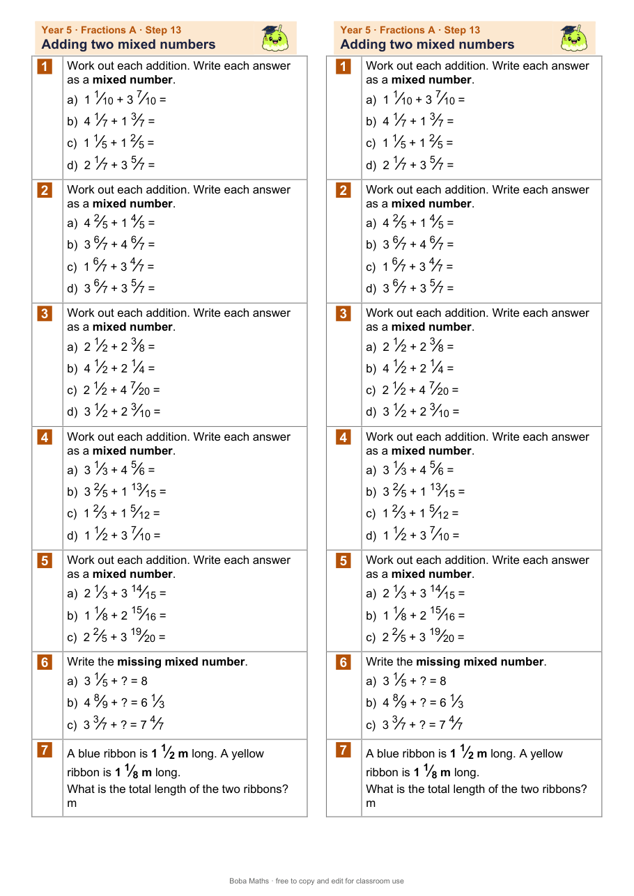 First page of the not scaffolded Adding two mixed numbers sheet, printed twice side by side