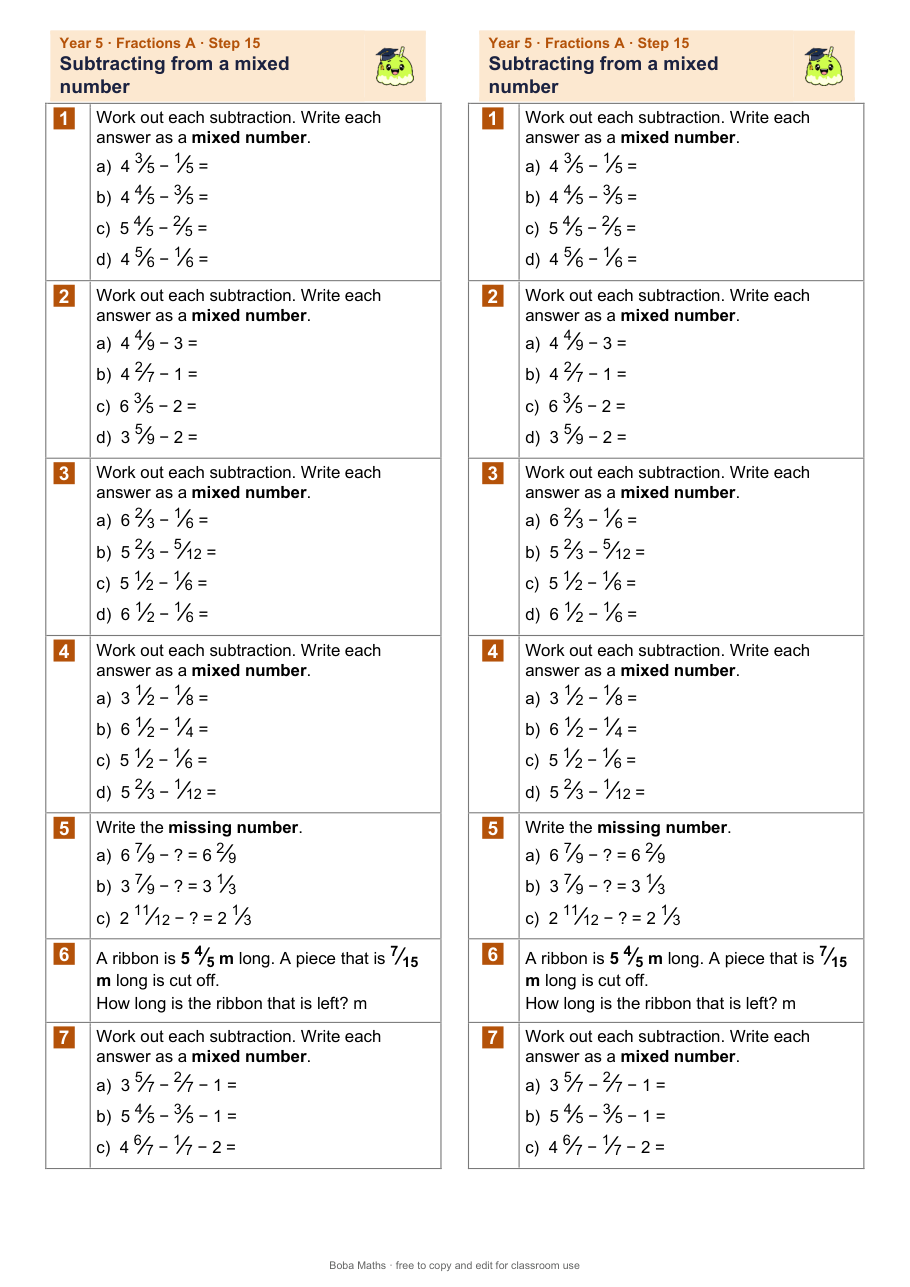First page of the not scaffolded Subtracting from a mixed number sheet, printed twice side by side