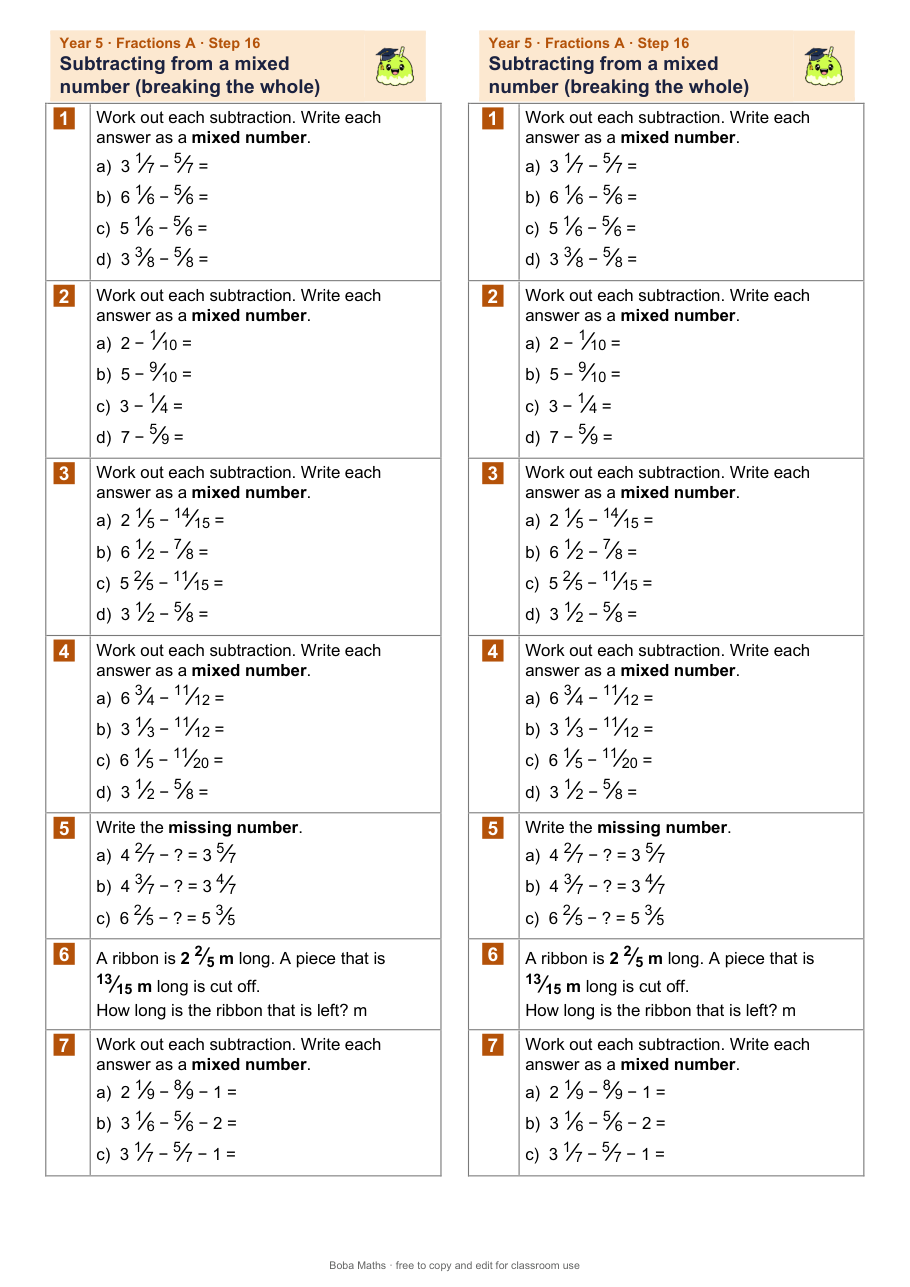 First page of the not scaffolded Subtracting from a mixed number (breaking the whole) sheet, printed twice side by side