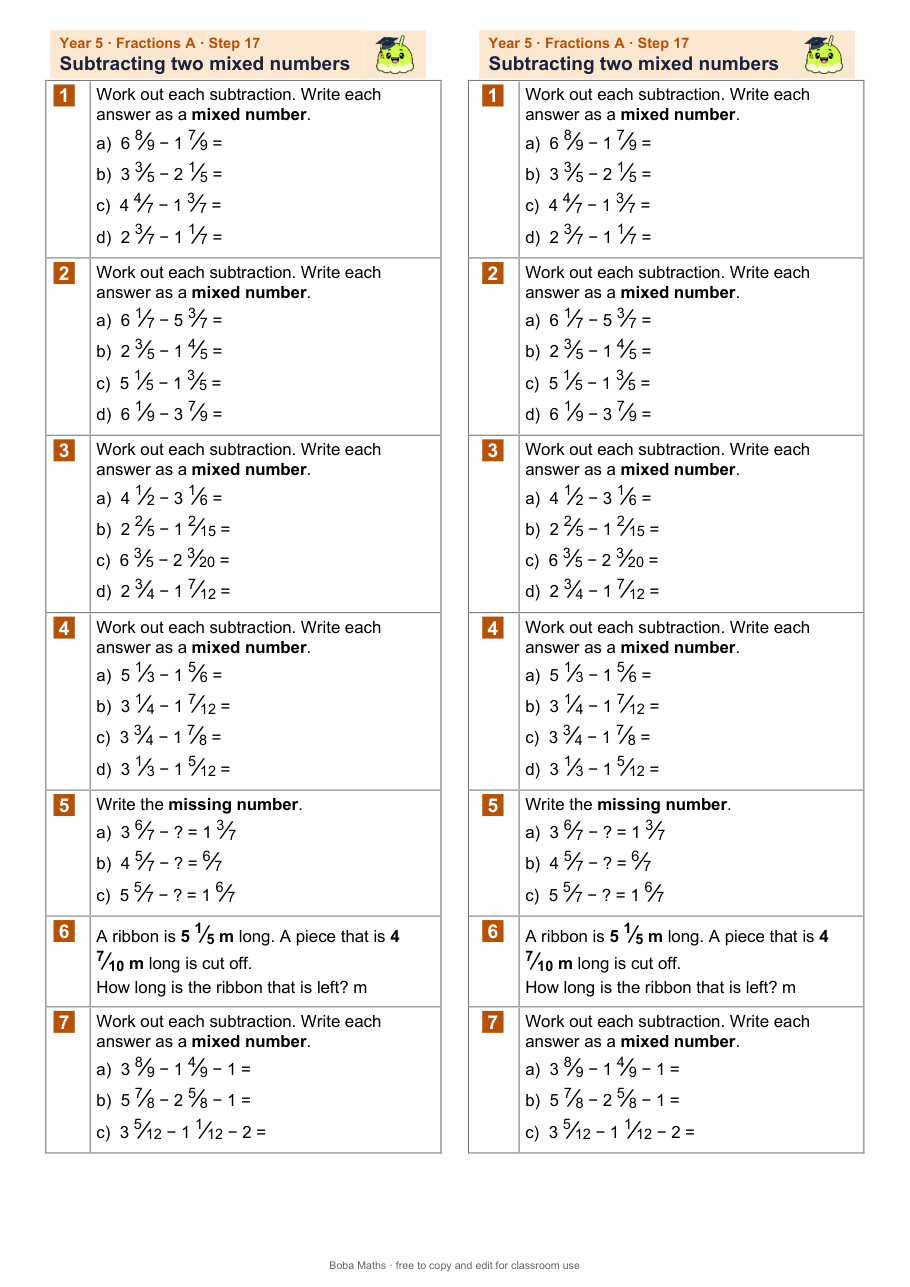 First page of the not scaffolded Subtracting two mixed numbers sheet, printed twice side by side