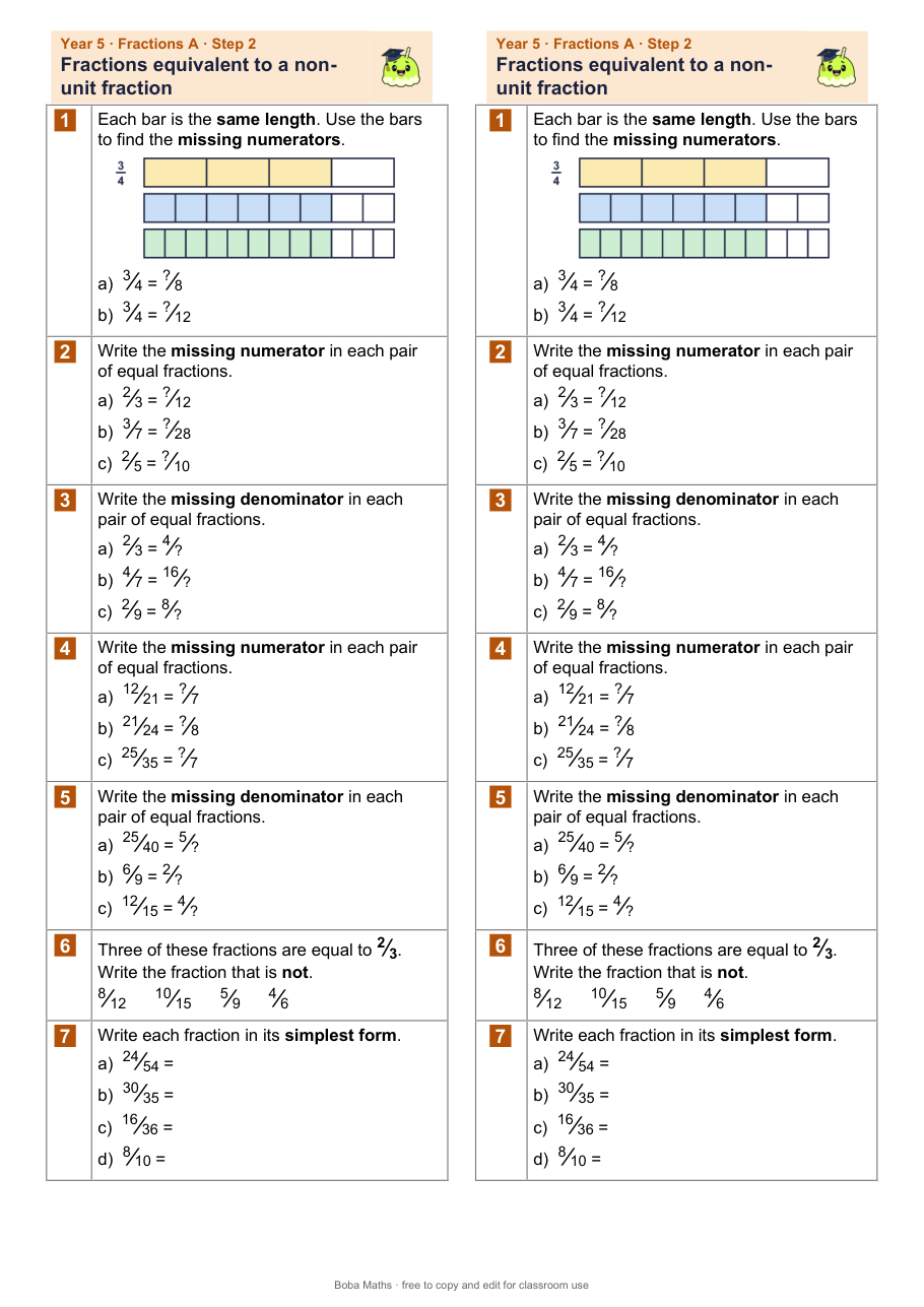 First page of the not scaffolded Fractions equivalent to a non-unit fraction sheet, printed twice side by side