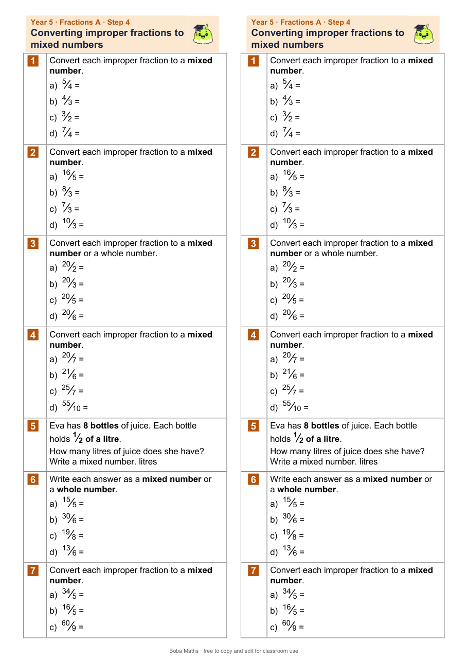 First page of the not scaffolded Converting improper fractions to mixed numbers sheet, printed twice side by side