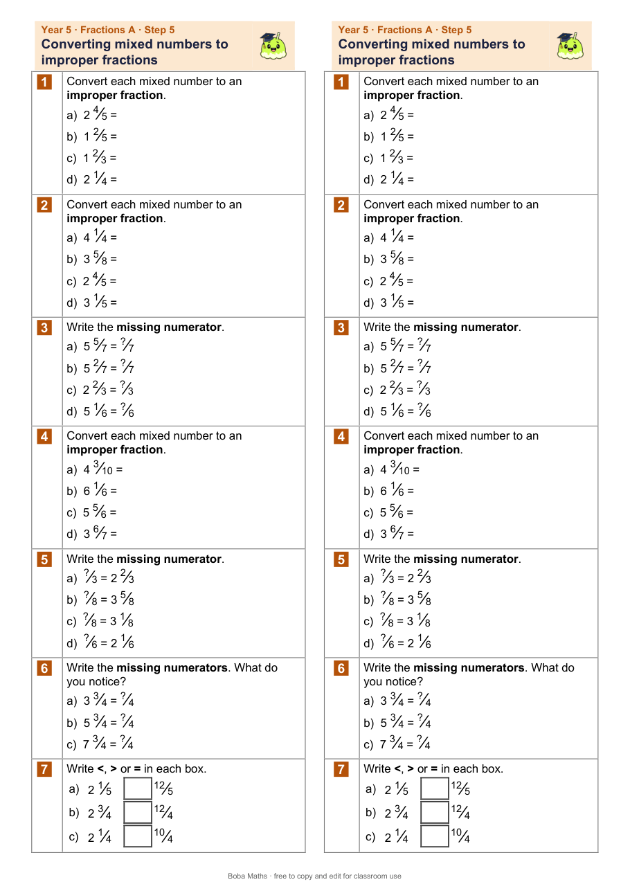 First page of the not scaffolded Converting mixed numbers to improper fractions sheet, printed twice side by side
