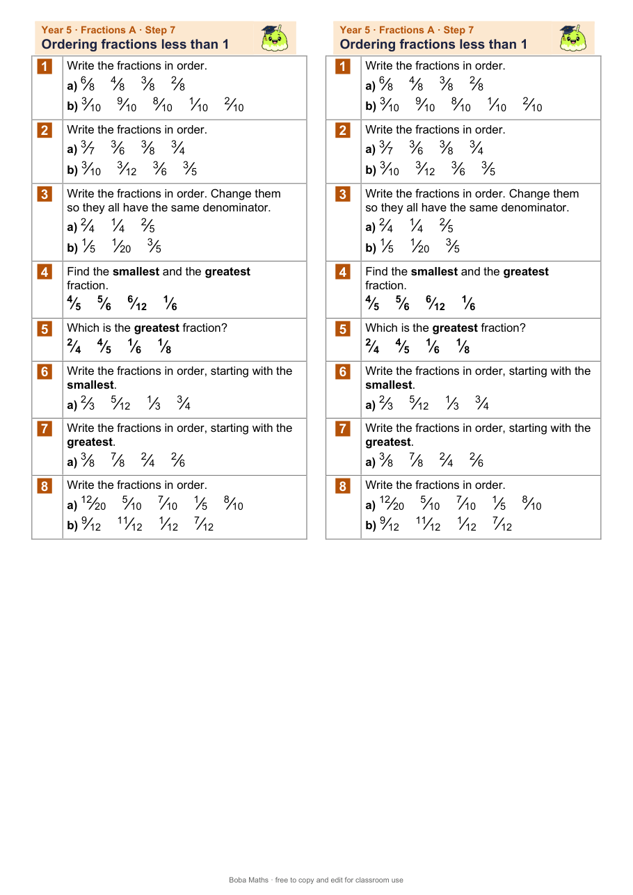First page of the not scaffolded Ordering fractions less than 1 sheet, printed twice side by side