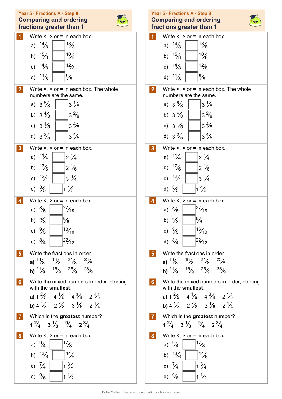 First page of the not scaffolded Comparing and ordering fractions greater than 1 sheet, printed twice side by side