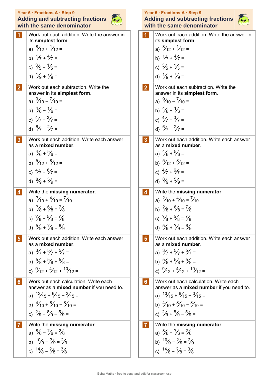 First page of the not scaffolded Adding and subtracting fractions with the same denominator sheet, printed twice side by side