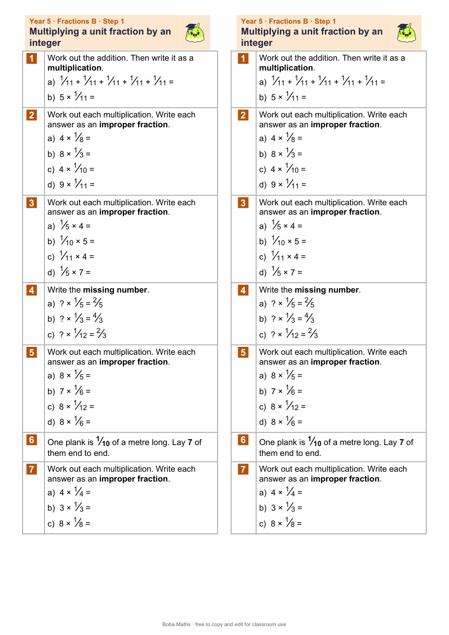 First page of the not scaffolded Multiplying a unit fraction by an integer sheet, printed twice side by side