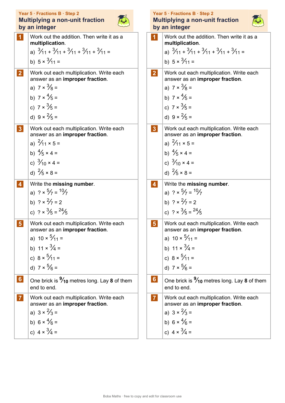 First page of the not scaffolded Multiplying a non-unit fraction by an integer sheet, printed twice side by side
