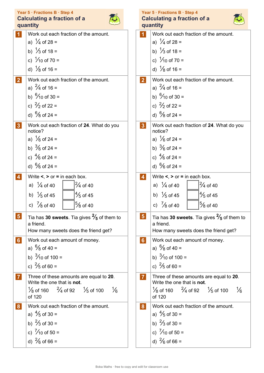First page of the not scaffolded Calculating a fraction of a quantity sheet, printed twice side by side