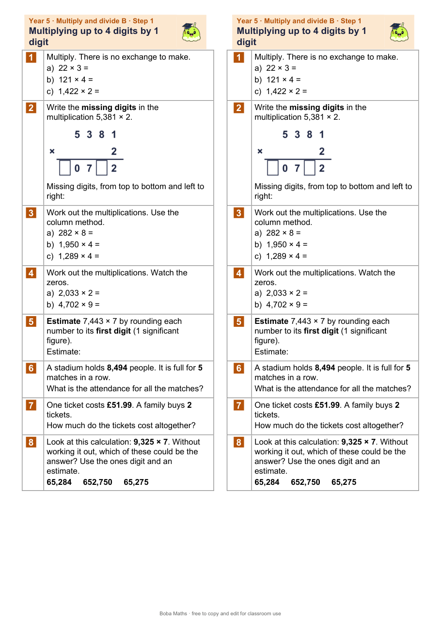 First page of the not scaffolded Multiplying up to 4 digits by 1 digit sheet, printed twice side by side