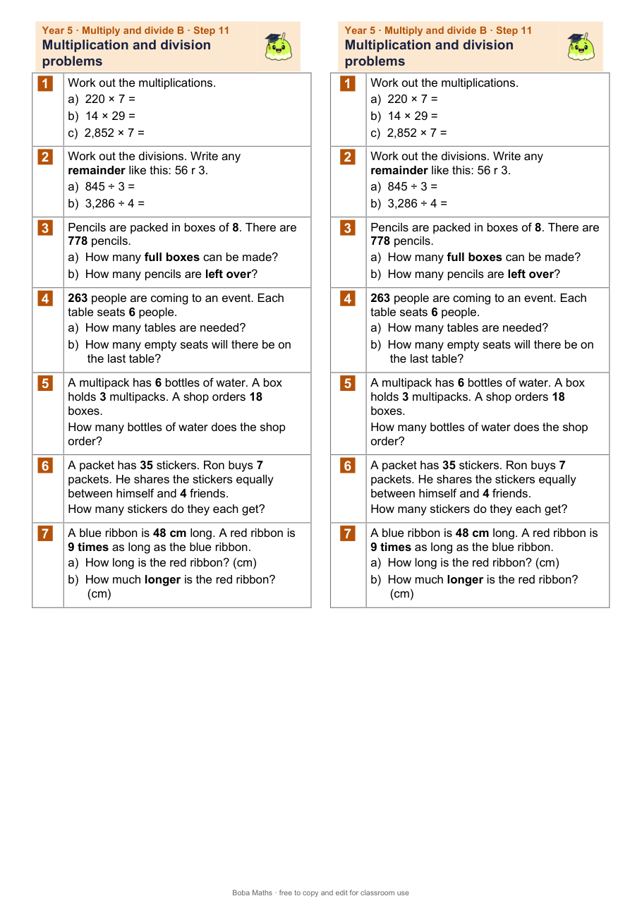 First page of the not scaffolded Multiplication and division problems sheet, printed twice side by side