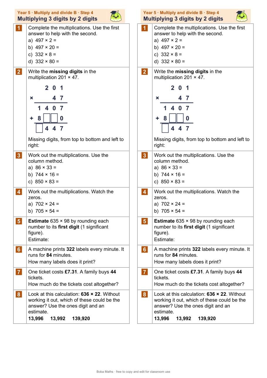 First page of the not scaffolded Multiplying 3 digits by 2 digits sheet, printed twice side by side