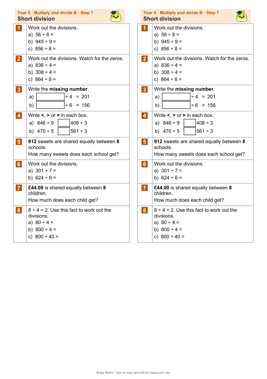 First page of the not scaffolded Short division sheet, printed twice side by side
