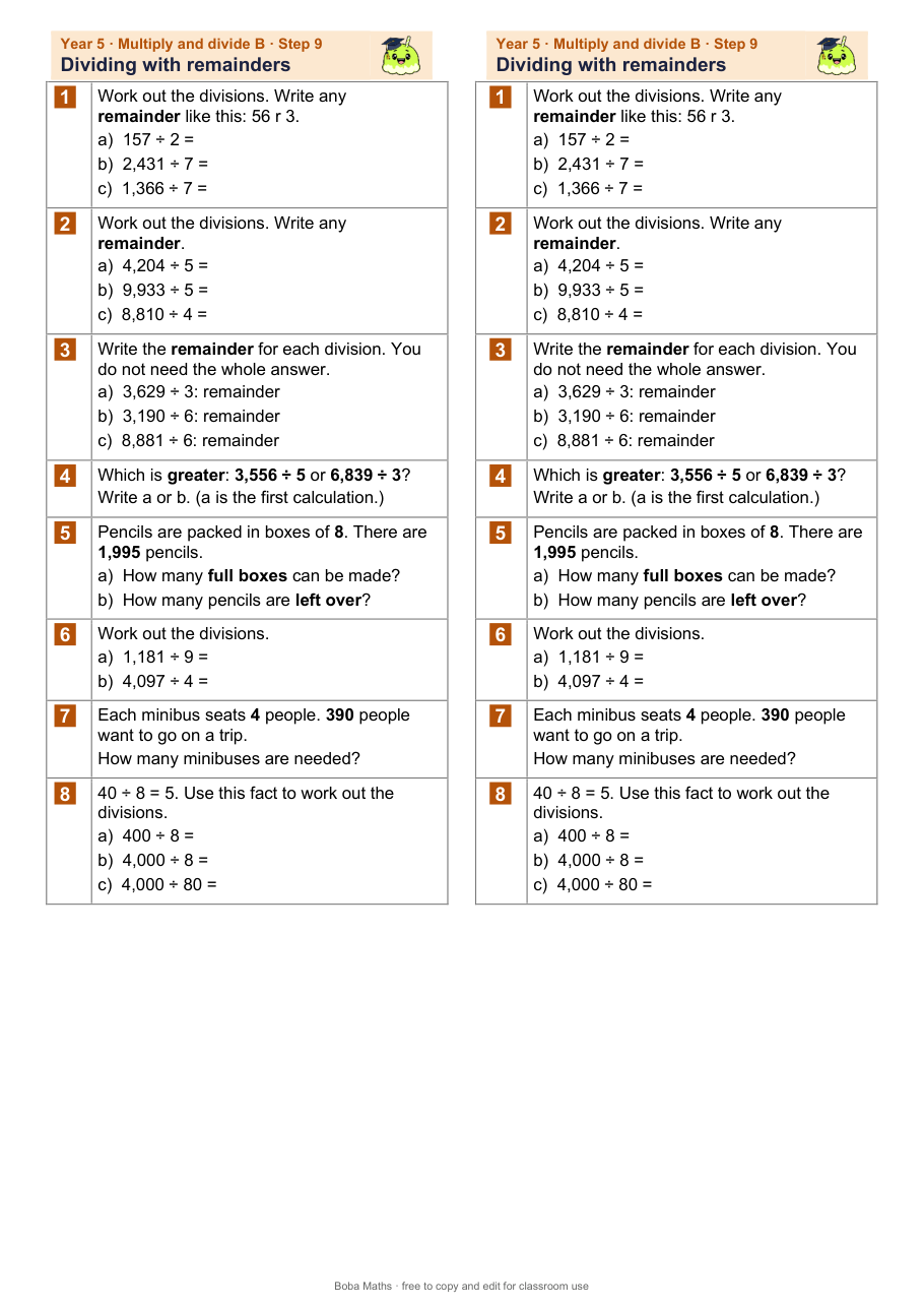 First page of the not scaffolded Dividing with remainders sheet, printed twice side by side