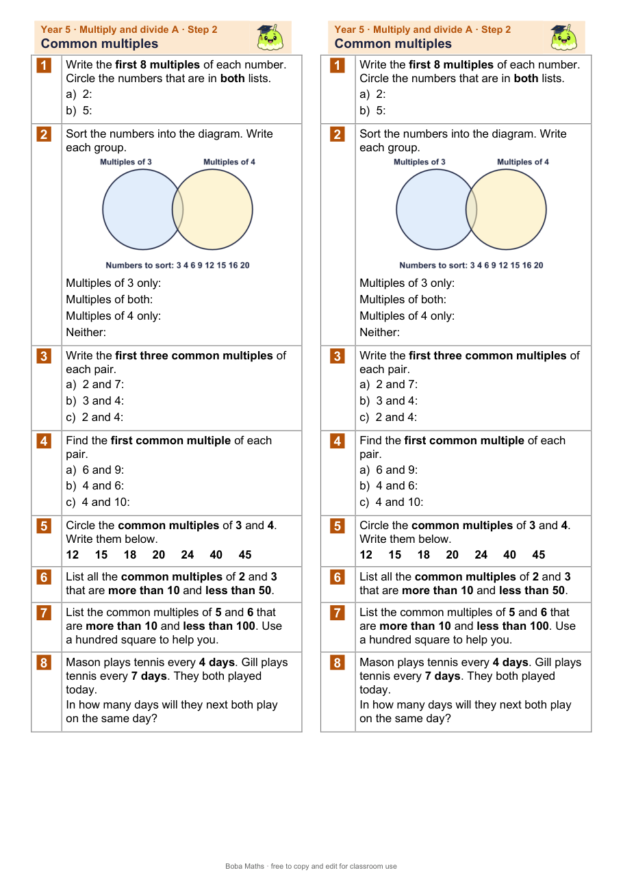 First page of the not scaffolded Common multiples sheet, printed twice side by side