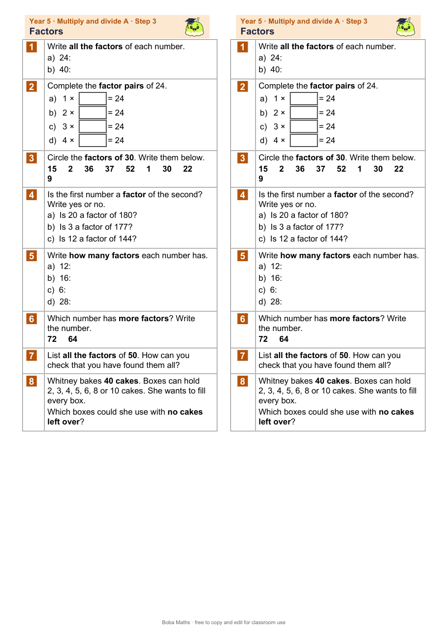 First page of the not scaffolded Factors sheet, printed twice side by side