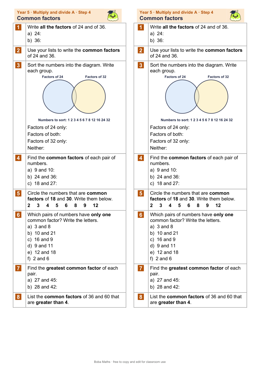 First page of the not scaffolded Common factors sheet, printed twice side by side