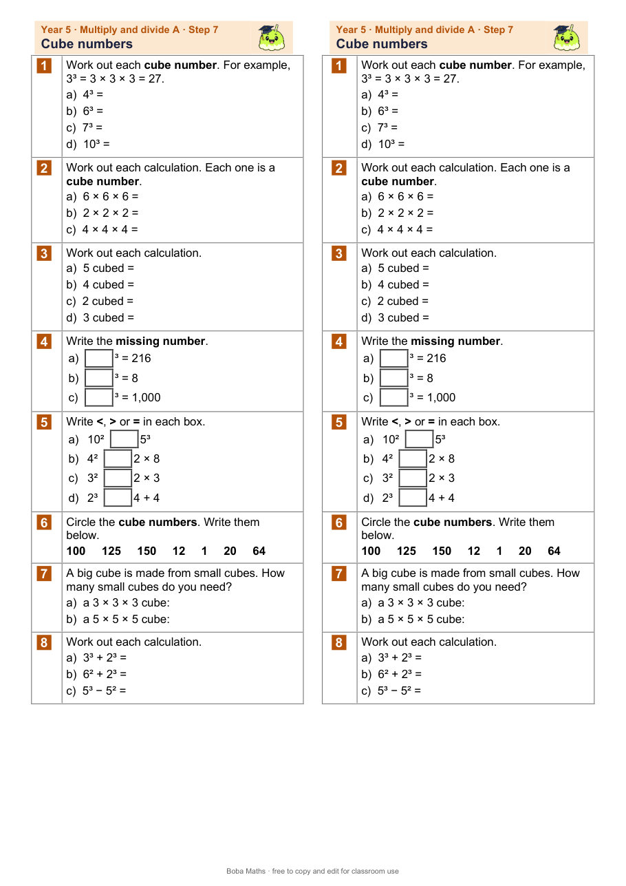 First page of the not scaffolded Cube numbers sheet, printed twice side by side