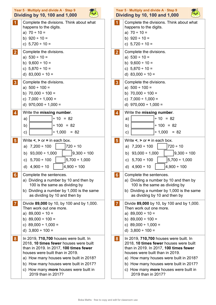 First page of the not scaffolded Dividing by 10, 100 and 1,000 sheet, printed twice side by side