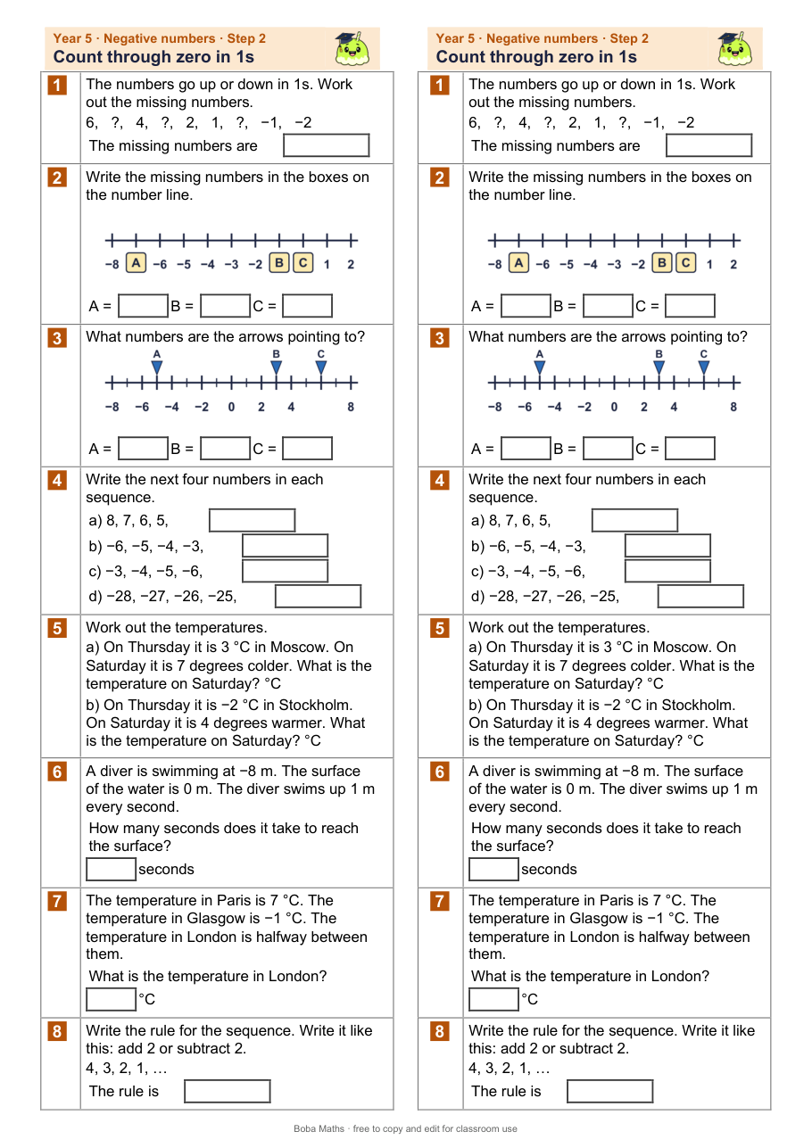 First page of the not scaffolded Count through zero in 1s sheet, printed twice side by side