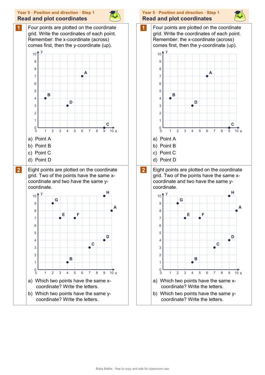 First page of the not scaffolded Read and plot coordinates sheet, printed twice side by side