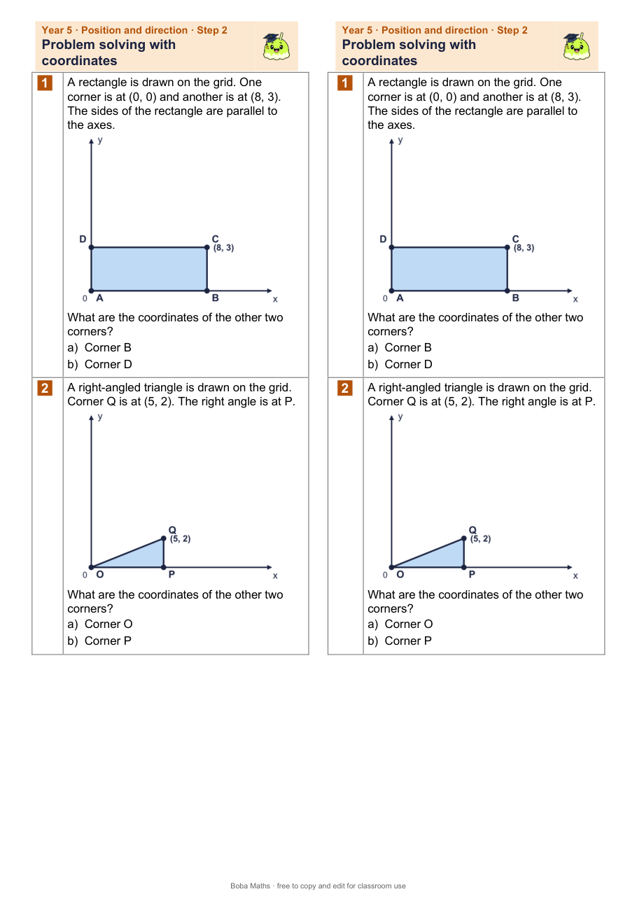First page of the not scaffolded Problem solving with coordinates sheet, printed twice side by side