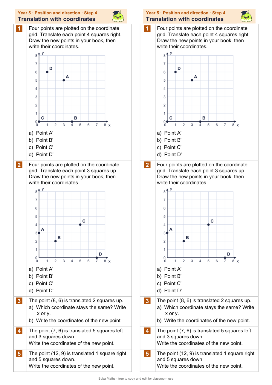 First page of the not scaffolded Translation with coordinates sheet, printed twice side by side