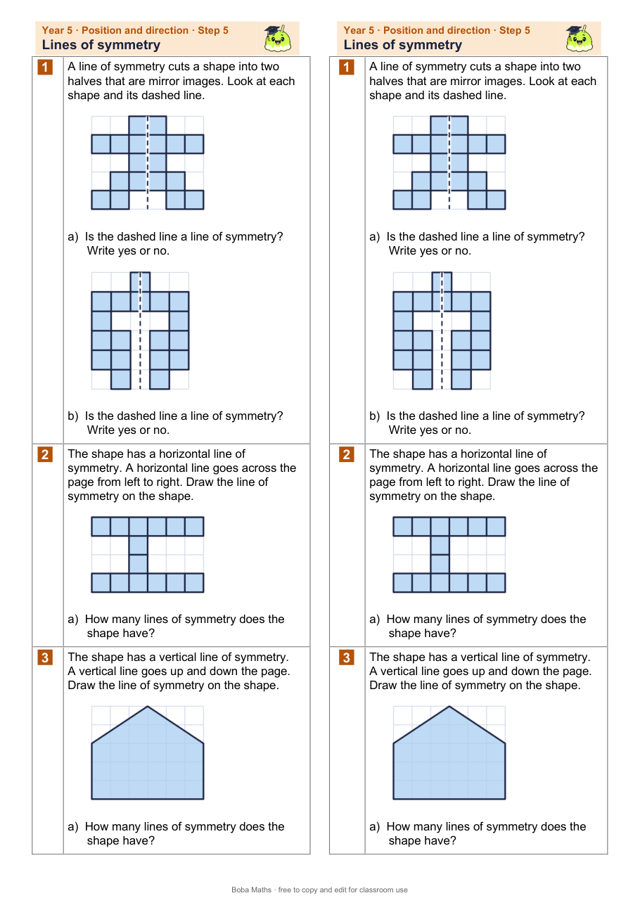 First page of the not scaffolded Lines of symmetry sheet, printed twice side by side