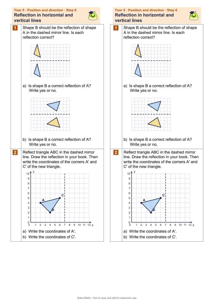 First page of the not scaffolded Reflection in horizontal and vertical lines sheet, printed twice side by side
