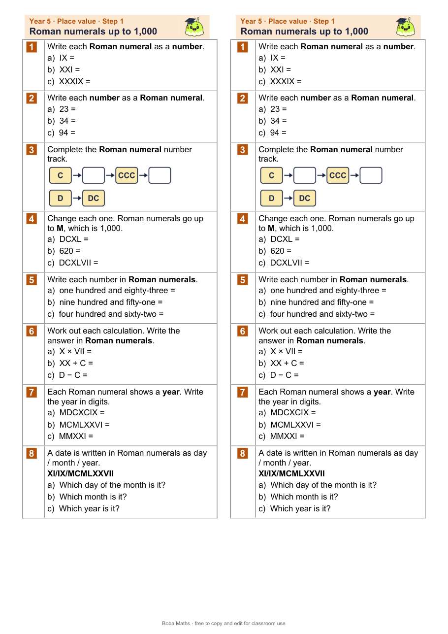 First page of the not scaffolded Roman numerals up to 1,000 sheet, printed twice side by side