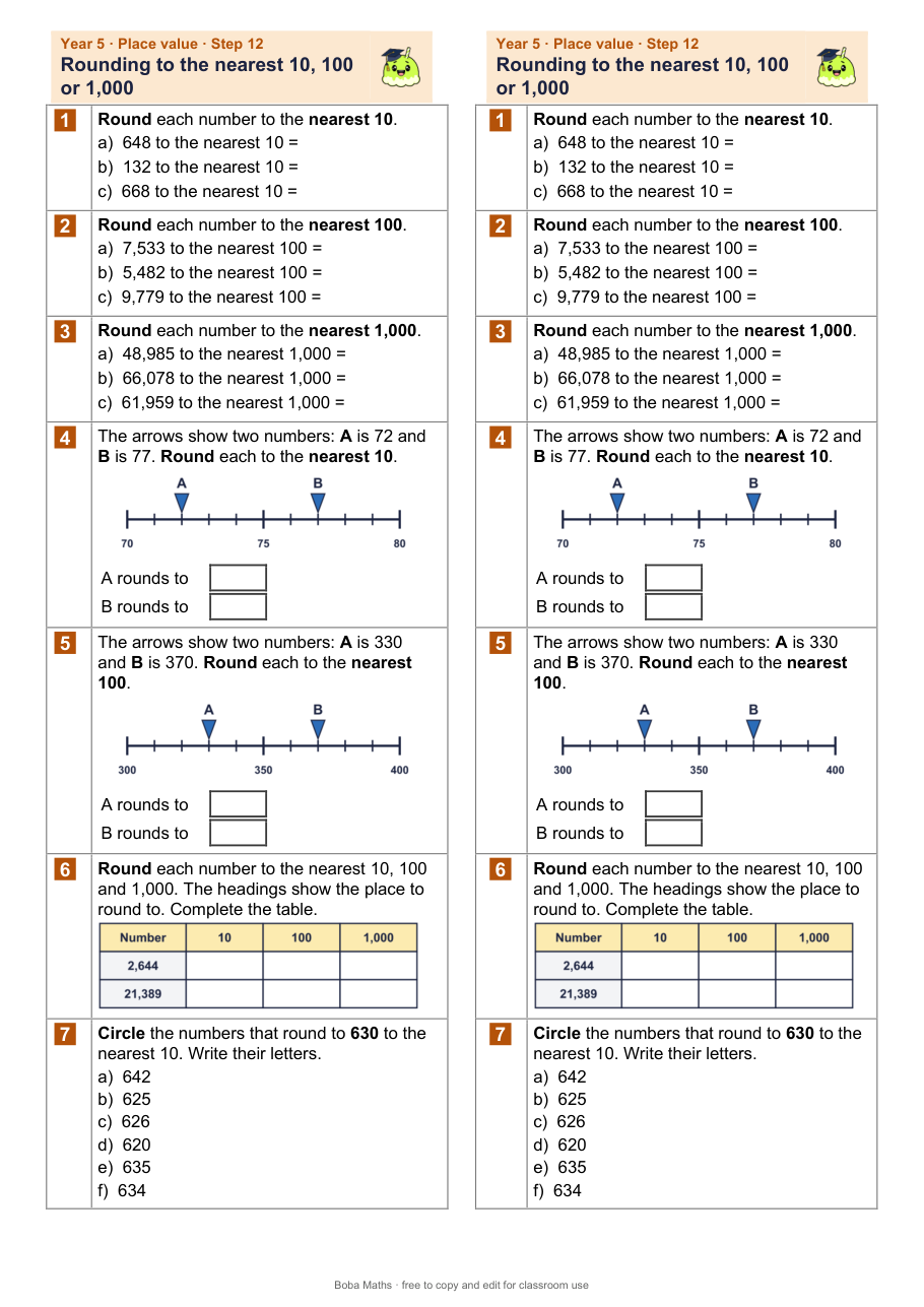 First page of the not scaffolded Rounding to the nearest 10, 100 or 1,000 sheet, printed twice side by side