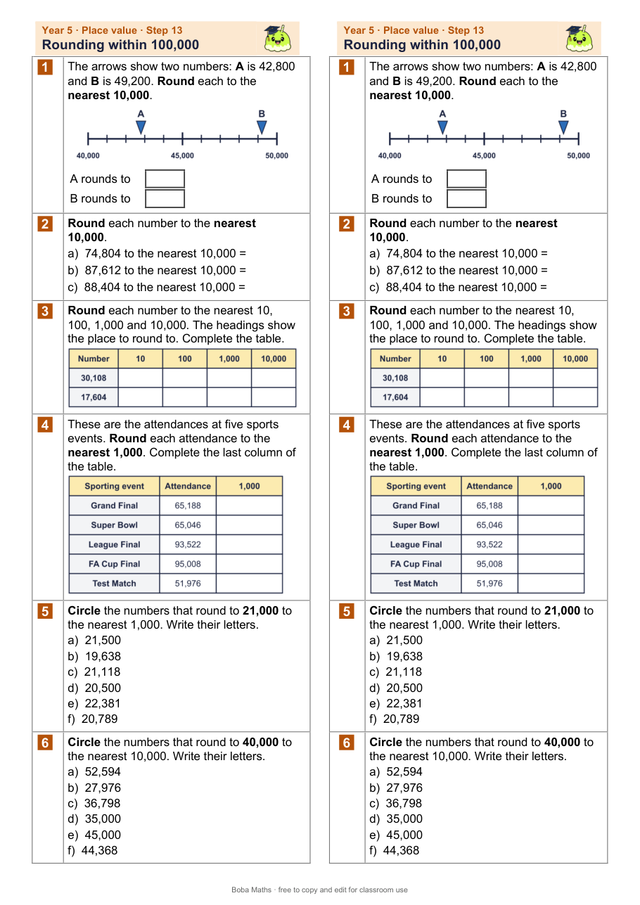 First page of the not scaffolded Rounding within 100,000 sheet, printed twice side by side