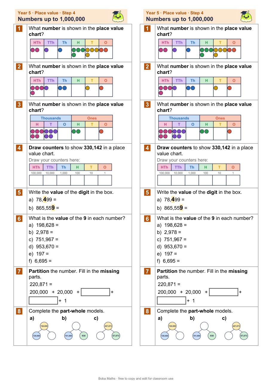 First page of the not scaffolded Numbers up to 1,000,000 sheet, printed twice side by side