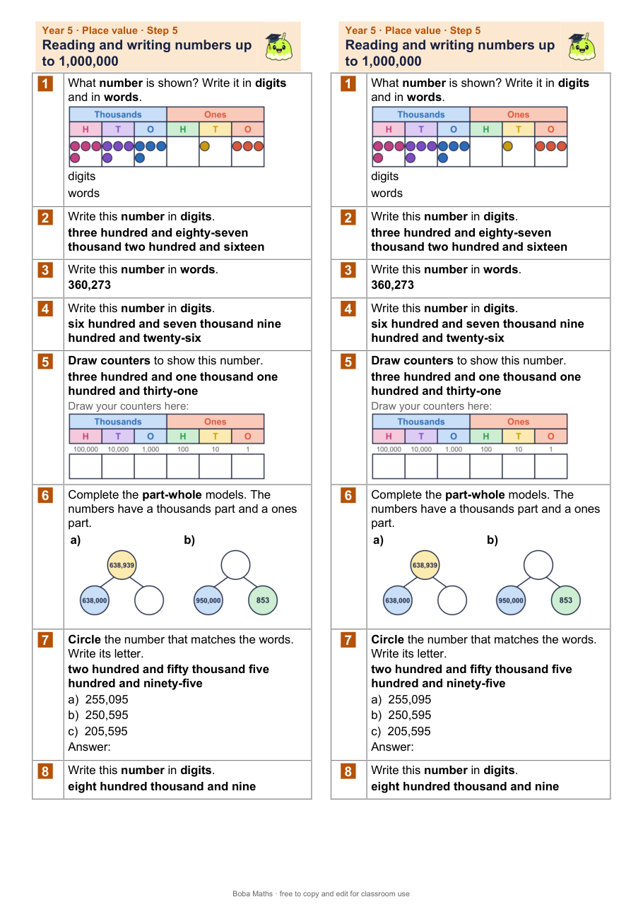 First page of the not scaffolded Reading and writing numbers up to 1,000,000 sheet, printed twice side by side