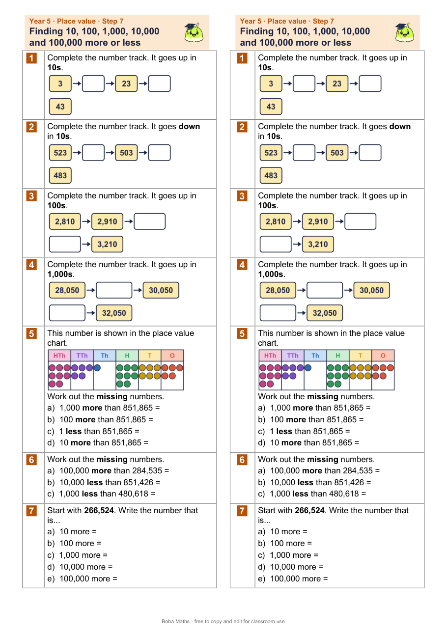 First page of the not scaffolded Finding 10, 100, 1,000, 10,000 and 100,000 more or less sheet, printed twice side by side