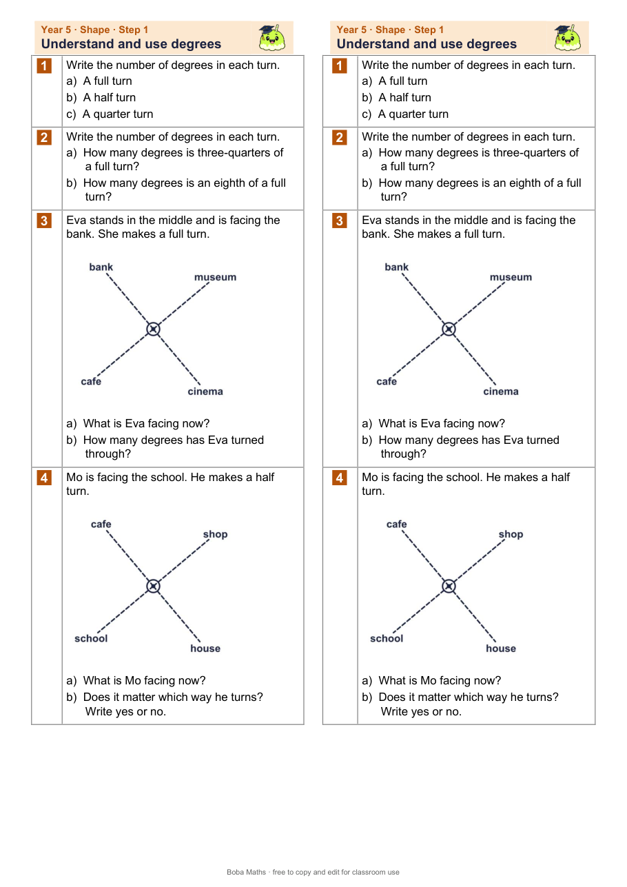 First page of the not scaffolded Understand and use degrees sheet, printed twice side by side
