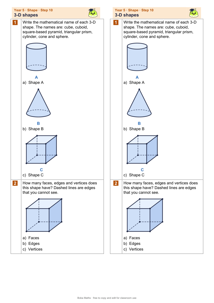 First page of the not scaffolded 3-D shapes sheet, printed twice side by side