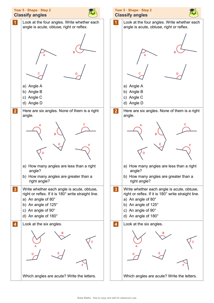 First page of the not scaffolded Classify angles sheet, printed twice side by side