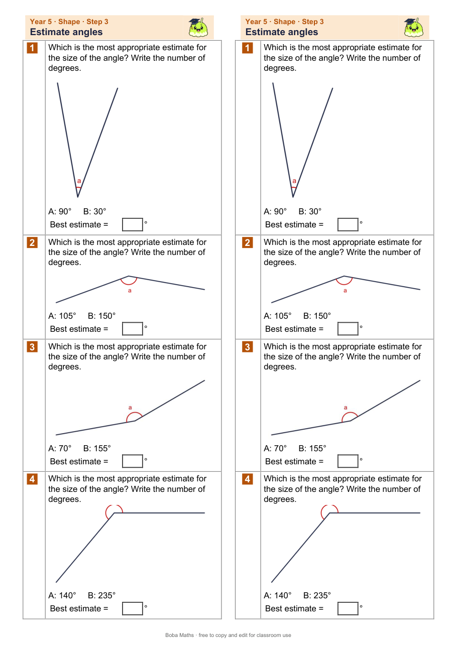 First page of the not scaffolded Estimate angles sheet, printed twice side by side