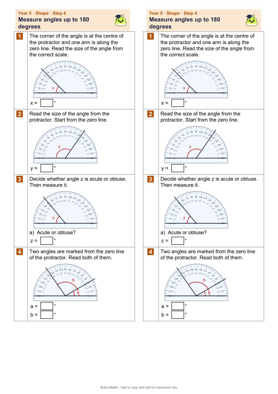First page of the not scaffolded Measure angles up to 180 degrees sheet, printed twice side by side