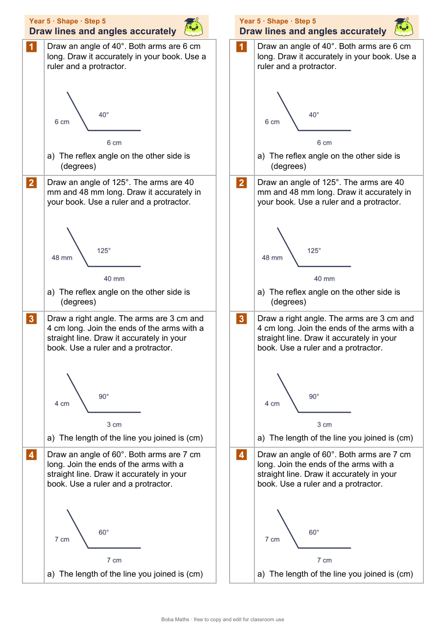 First page of the not scaffolded Draw lines and angles accurately sheet, printed twice side by side