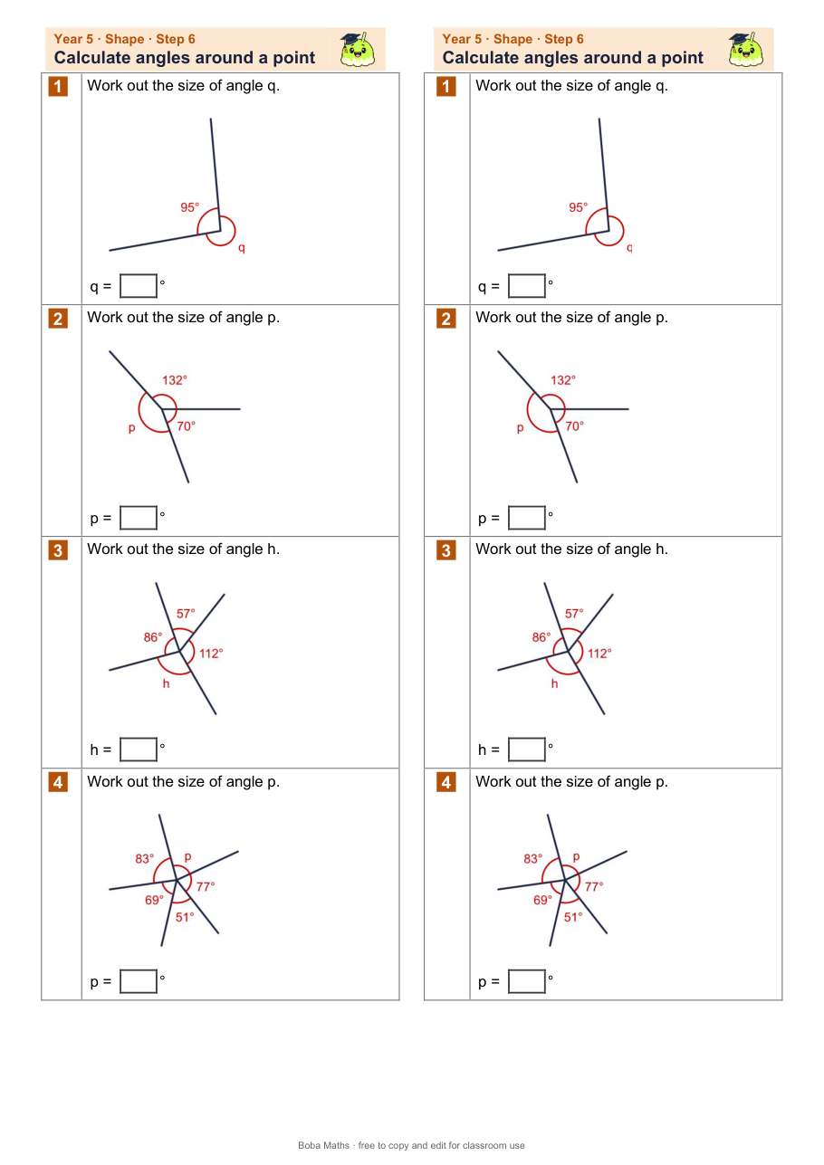 First page of the not scaffolded Calculate angles around a point sheet, printed twice side by side