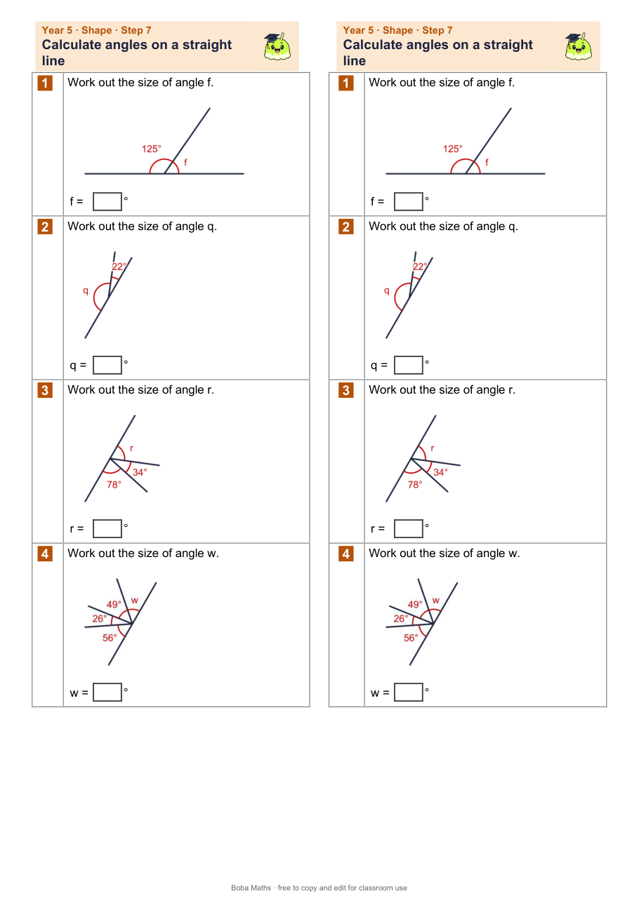 First page of the not scaffolded Calculate angles on a straight line sheet, printed twice side by side