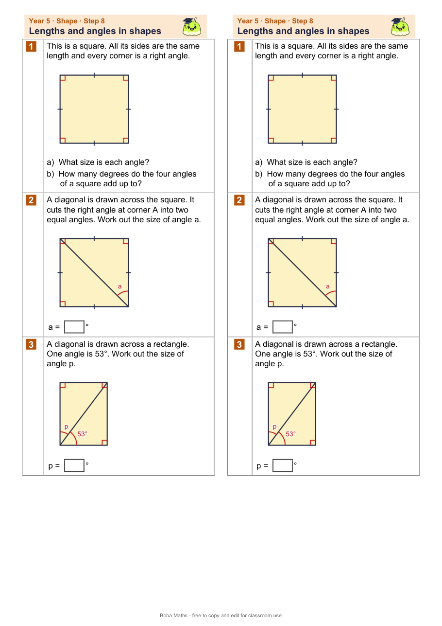 First page of the not scaffolded Lengths and angles in shapes sheet, printed twice side by side