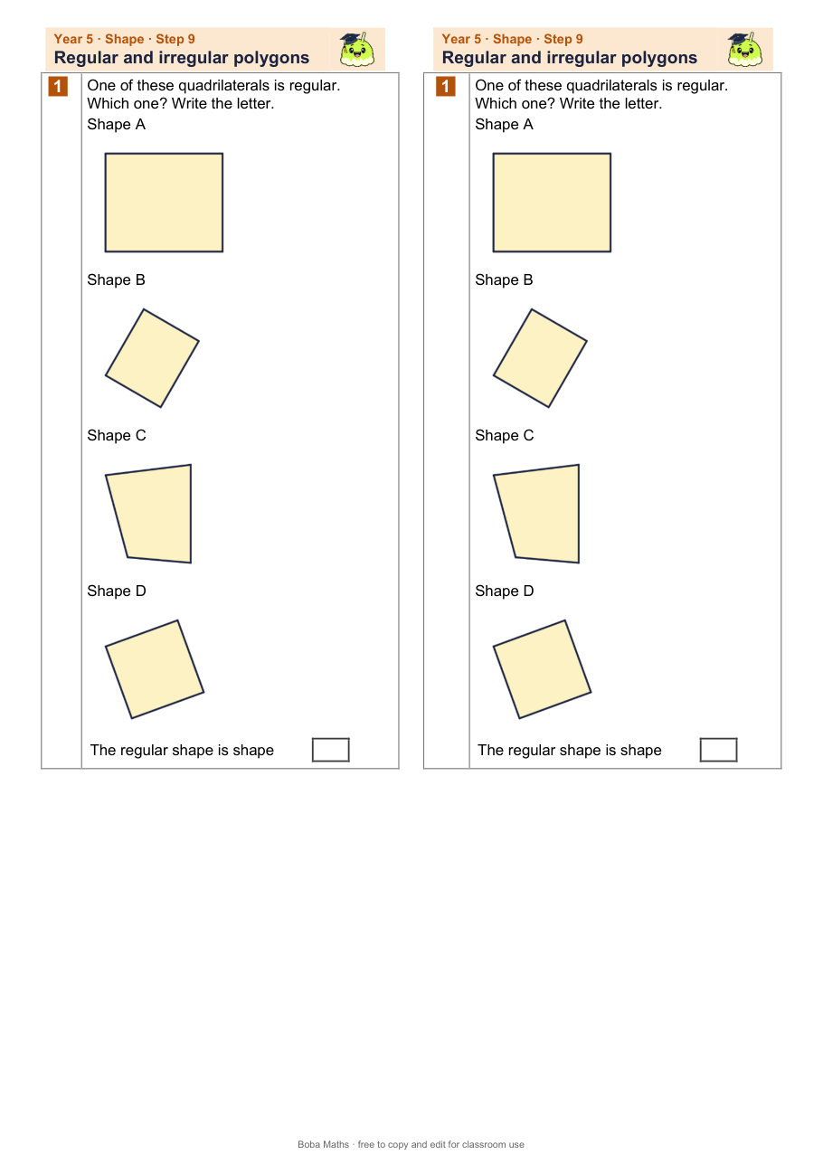 First page of the not scaffolded Regular and irregular polygons sheet, printed twice side by side