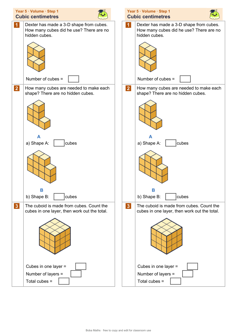 First page of the not scaffolded Cubic centimetres sheet, printed twice side by side