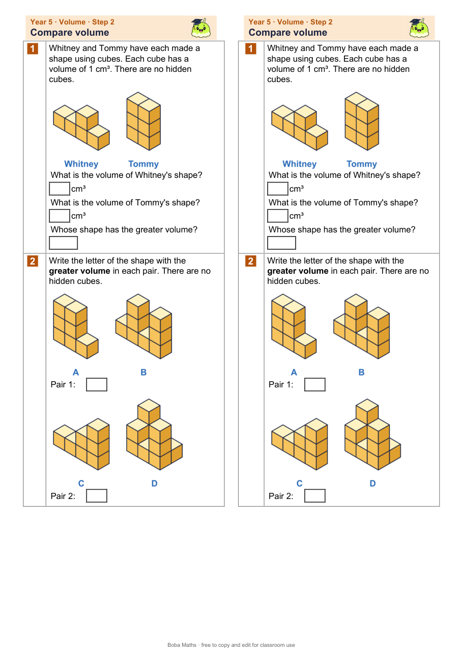 First page of the not scaffolded Compare volume sheet, printed twice side by side