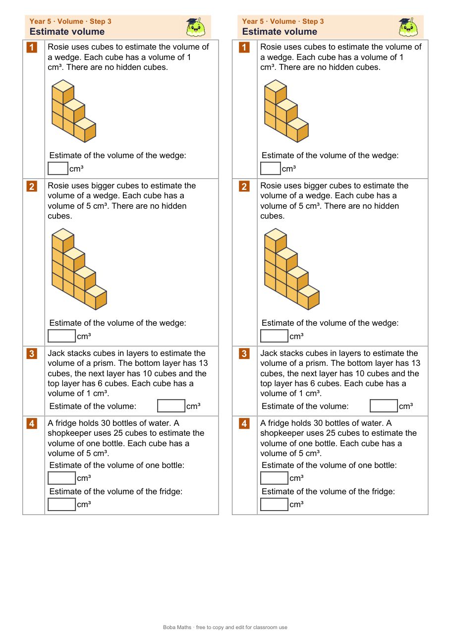 First page of the not scaffolded Estimate volume sheet, printed twice side by side