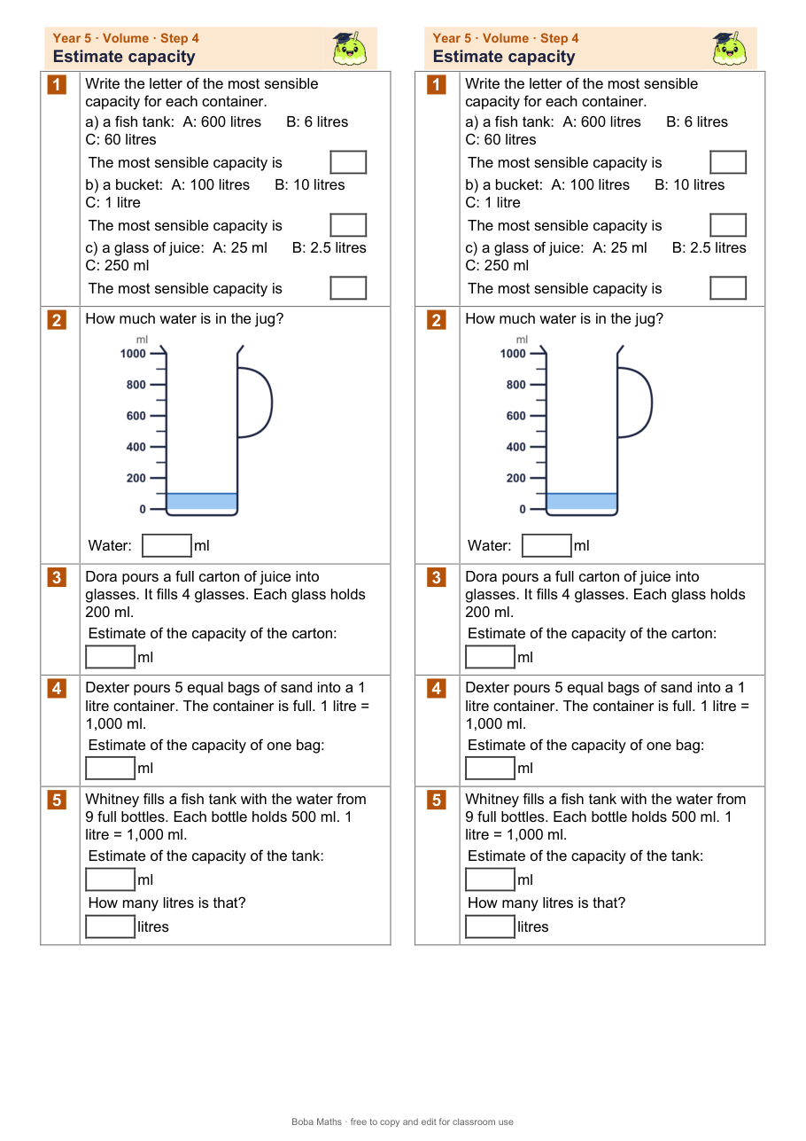 First page of the not scaffolded Estimate capacity sheet, printed twice side by side